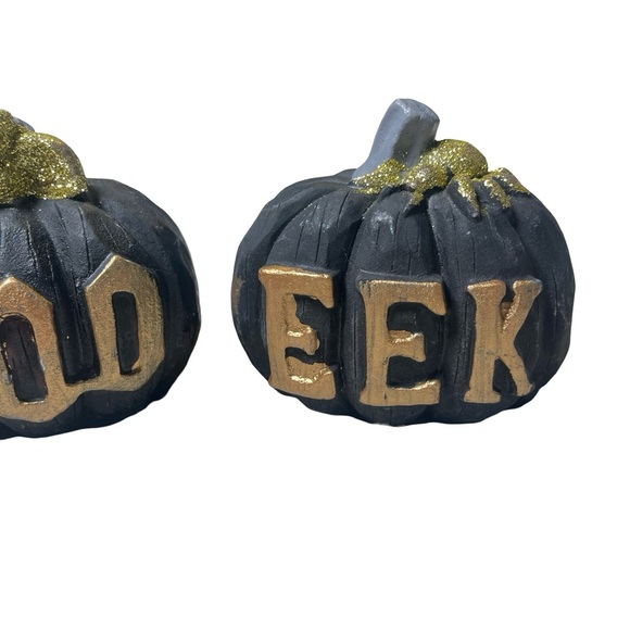 Boo Eek Black & Gold Pumpkin Set of 2 Concrete 4” x 3.5” Decor - Picture 13 of 14